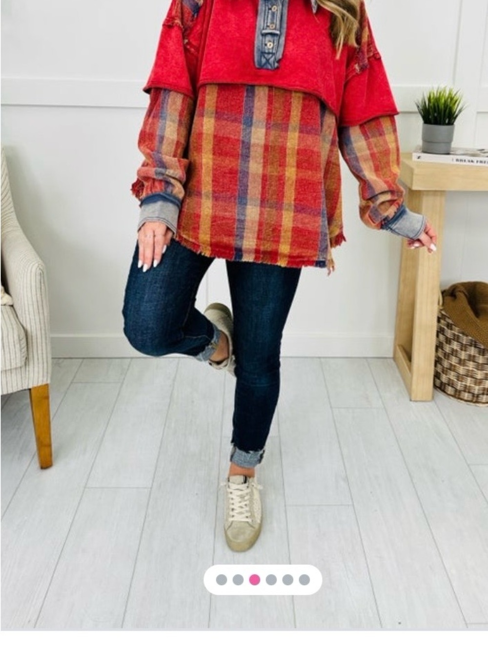 Oli & Hali Red Plaid Layered Pullover with Denim Trim - Picture 2 of 6